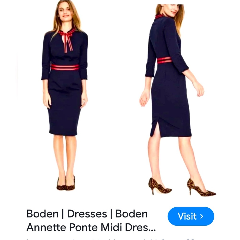 Boden Navy Ponte Midi Dress with Red Stripe and Neck Tie